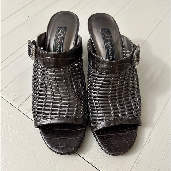 Brighton Pewter Silver Woven Reed Slides with Buckle Open Toe High Heels 7.5 - Picture 3 of 11